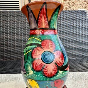 Mexican Hand Painted Vintage Red Clay Pottery Vase Fish &Flowers Design,8'' Tall